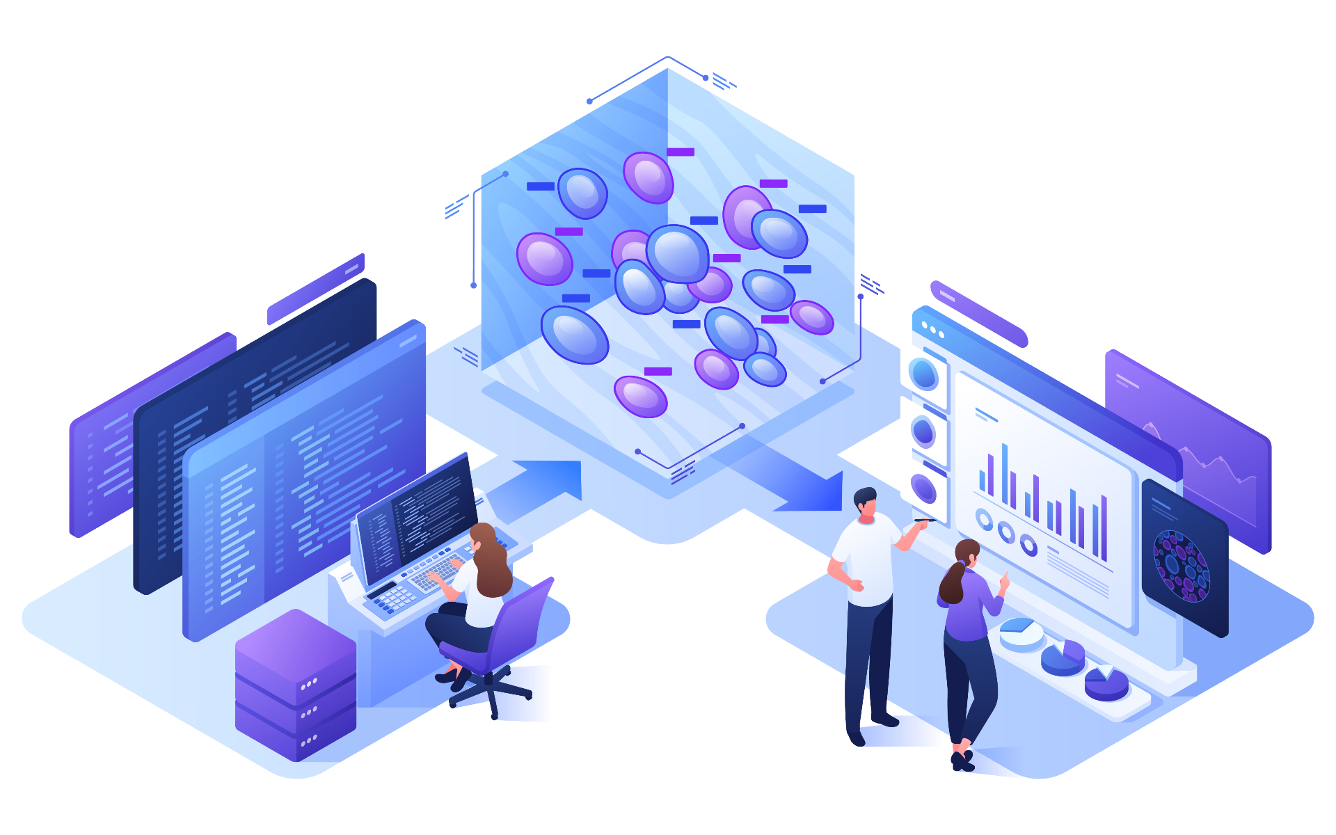 AI-driven bioimaging analysis platform showing cells analysis and data visualization